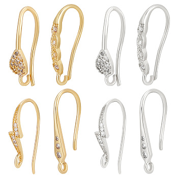 16Pcs 8 Style Brass Micro Pave Clear Cubic Zirconia Earring Hooks, Ear Wire with Horizontal Loops, Real 18K Gold Plated & Platinum, 15.5~20x2.2~4.5mm, Hole: 1~1.8mm, Pin: 0.8~0.9mm, 2Pcs/style