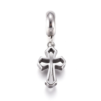 304 Stainless Steel European Dangle Charms, Large Hole Pendants, Cross, Antique Silver, 10mm, Cross: 16x9x3mm, Hole: 5mm