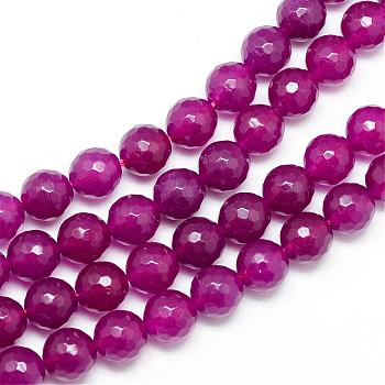 Natural White Jade Bead Strands, Dyed, Faceted, Round, Medium Violet Red, 10~11mm, Hole: 1mm, about 37~39pcs/strand, 14.37~14.57 inch