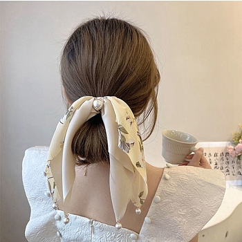 Flower Pattern Polyester Elastic Hair Accessories, for Girls or Women, with Plastic Imitation Pearl Bead, Scrunchie/Scrunchy Hair Ties with Long Tail, Knotted Bow Hair Scarf, Bisque, 210mm