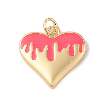 Rack Plating Brass Enamel Pendants, with Jump Ring, Cadmium Free & Lead Free, Long-Lasting Plated, Real 18K Gold Plated, Heart Charm, Hot Pink, 19x19.5x2mm, Hole: 3.5mm