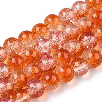 Transparent Crackle Baking Painted Glass Beads Strands, Imitation Opalite, Round, Coral, 10x9.5mm, Hole: 1.4mm, about 80pcs/strand, 30.87 inch(78.4cm)