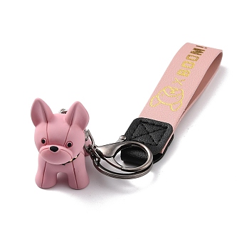 Imitation Leather Clasps Keychain, with Resin Pendants and Zinc Alloy Findings, Dog, Gunmetal, Pink, 18.3cm