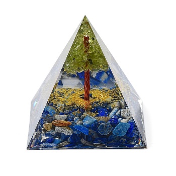 Orgonite Pyramid Resin Energy Generators, Reiki Natural Lapis Lazuli Chips & Wire Wrapped Natural Peridot Tree of Life Inside for Home Office Desk Decoration, 59.5x59.5x59.5mm