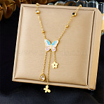 304 Stainless Steel Enamel with Clear Cubic Zirconia Colorful Butterfly Flower Tassel Pendant Necklaces for Women, Golden, 16.14 inch(41cm)(FS-WGAFF89-01)