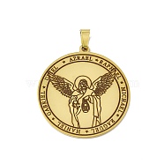 304 Stainless Steel Pendants, Flat Round with Angel Charm, Golden, 38x35x1.5mm, Hole: 7.5x4mm(STAS-C063-06G-06)