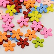 Wooden Buttons, Dyed, 2-Hole, Flower, Mixed Color, 15x15x2mm, Hole: 1mm(BUTT-N002-09)