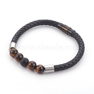 Men's Natural Tiger Eye Bracelets, with Leather Cord, 304 Stainless Steel Finding, 8-1/2 inch(21.5cm), 6mm(BJEW-JB04039)