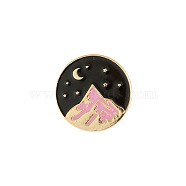 Alloy Enamel Pins, Brooch for Backpack Clothes, Flat Round with Mountain, Pink, 24mm(FIND-PW0022-01C)