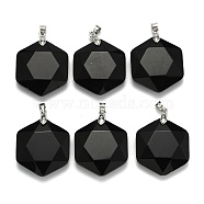 Natural Black Agate Pendants, with Platinum Tone Brass Findings, Faceted, Hexagon, 28x25x9mm, Hole: 4x5mm(G-E487-95F)