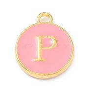 Golden Plated Alloy Enamel Charms, Enamelled Sequins, Flat Round with Alphabet, Letter.P, Pink, 14x12x2mm, Hole: 1.5mm(ENAM-Q437-14P)