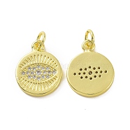 Brass Micro Pave Clear Cubic Zirconia Pendants, with Jump Ring, Flat Round with Eye Charms, Real 18K Gold Plated, 16x13x1.5mm, Hole: 3.2mm(KK-E068-VF068)