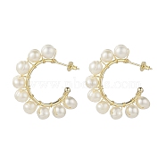 Natural Pearl Beaded Stud Earrings, Brass Wire Wrap Half Hoop Earrings for Women, Light Gold, 32.5x33x6.5mm, Pin: 0.6mm(EJEW-JE05113)