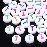 Initial Acrylic Beads, Horizontal Hole, Flat Round, Mixed Color, Letter.T, 7x3.5~4mm, Hole: 1.2mm, about 3700pcs/500g(OACR-E001-20T)