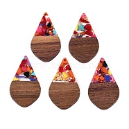 Transparent Resin and Walnut Wood Pendants, Teardrop Charms with Gold Foil, Colorful, 48.5x28x3.5mm, Hole: 2mm(RESI-T057-06L)