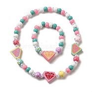 Maple Wood & Acrylic Jewelry Set, Beaded Necklace & Stretch Bracelet for Kids, Diamond, Bracelet: Inner Diameter: 1-3/4 inch(4.3cm), Necklace: 15-5/8 inch(39.6cm)(SJEW-C003-02O)