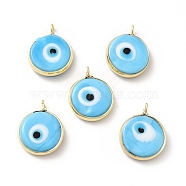 Handmade Evil Eye Lampwork Pendants, with Rack Plating Brass Findings, Long-Lasting Plated, Flat Round, Deep Sky Blue, 18~19x15~16x4mm, Hole: 2mm(LAMP-F026-05A)