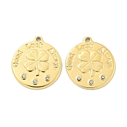 PVD Vacuum Plating 304 Stainless Steel Pendants, with Crystal Rhinestone, Flat Round with Clover & Word Good Luck Always Charms, Real 18K Gold Plated, 20.5x18x1.5mm, Hole: 1.6mm(STAS-L278-029G)