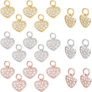 24Pcs 3 Colors Brass Micro Pave Clear Cubic Zirconia Charms, Heart with Jump Rings, Mixed Color, 10x10x1.8mm, Hole: 3mm, 8pcs/color(KK-NB0001-41)