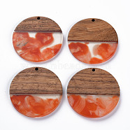 Transparent Resin & Walnut Wood Pendants, Two Tone, Flat Round, Tomato, 38.5x3mm, Hole: 2mm(RESI-T035-35D)