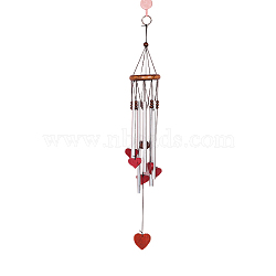 Aluminum Tube Wind Chimes, Beech Wood Pendant Decorations, Heart, Red, 600mm(WICH-PW0001-70)