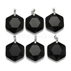 Natural Black Agate Pendants, with Platinum Tone Brass Findings, Faceted, Hexagon, 28x25x9mm, Hole: 4x5mm(G-E487-95F)