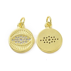 Brass Micro Pave Clear Cubic Zirconia Pendants, with Jump Ring, Flat Round with Eye Charms, Real 18K Gold Plated, 16x13x1.5mm, Hole: 3.2mm(KK-E068-VF068)