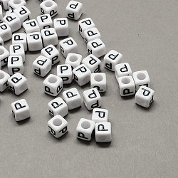 Large Hole Acrylic Letter European Beads, Horizontal Hole, White & Black, Cube with Letter.P, 7~8x7~8x7~8mm, Hole: 4mm, about 1144pcs/500g(SACR-Q103-7mm-01P)
