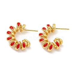 Rack Plating Brass Stud Earrings, with Enamel, Cadmium Free & Lead Free, Long-Lasting Plated, Real 18K Gold Plated, Curved line, Red, 22x7mm(EJEW-C102-41G-01)