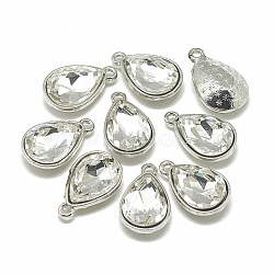 Alloy Glass Charms, Faceted, teardrop, Platinum, Clear, 14.5x9x5mm, Hole: 1.5mm(PALLOY-T028-7x10mm-01)