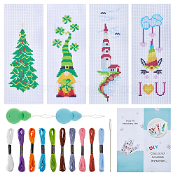 4 Sets 4 Styles Lighthouse/Gnome/Christmas Tree DIY Bookmark Cross-Stitch Beginner Kit, with Embroidery Threads, Fabric, Needle, Needle-Threading Device, Instruction, Mixed Color, 228~232x79x0.5mm, 1 set/style(DIY-GF0009-24)