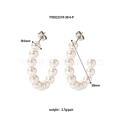 Stylish Stainless Steel C-shaped Stud Earrings, with Imitation Pearl, Platinum, 30x6mm(ON1338-6)