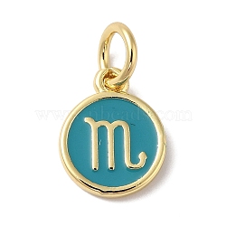 Real 18K Gold Plated Brass Enamel Charms, with Jump Ring, Long-Lasting Plated, Lead Free & Cadmium Free, Flat Round with Scorpio Charms, Dark Cyan, 10x8x1mm, Hole: 4mm(KK-L216-001G-F05)