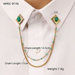 304 Stainless Steel & Dyed Stone Rhombus Hanging Chain Brooch, Golden, Dark Green, 170mm, Brooch: 20mm(JEWB-S021-01G-01)