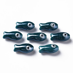 Handmade Porcelain Beads, Famille Rose Style, Fish, Teal, 19.5x10x8mm, Hole: 2mm(PORC-T007-06C)