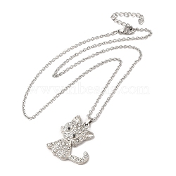 Alloy Rhinestone Cat Pandant Necklace with Cable Chains, Stainless Steel Jewelry for Women, Clear, 17.83 inch(45.3cm)(NJEW-K248-01P-03)