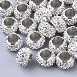 Polymer Clay Rhinestone Beads, with Platinum Tone Brass Single Cores, Large Hole Beads, Rondelle, Crystal, PP13(1.9~2mm),  4 Rows Rhinestone, 14x9mm, Hole: 8mm(X-RB-S055-14)