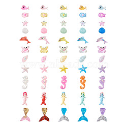 110Pcs 11 Style Opaque Resin Cabochons, Sea Horse & Whale & Sea Stars & Dolphin & Mermaid & Shell & Mermaid Tail & Little Fish & Starfish & Crab & Conch, Mixed Color, 41x18x5mm(CRES-TA0001-09)