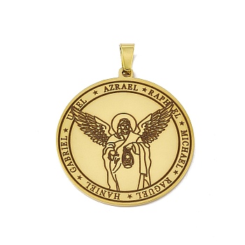 304 Stainless Steel Pendants, Flat Round with Angel Charm, Golden, 38x35x1.5mm, Hole: 7.5x4mm