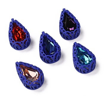 Sew on Rhinestone, Glass Rhinestone, with Brass Findings, Garments Accessories, Teardrop, Mixed Color, Blue, 15.5x10x5.5mm, Hole: 1.6mm