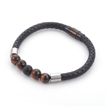 Men's Natural Tiger Eye Bracelets, with Leather Cord, 304 Stainless Steel Finding, 8-1/2 inch(21.5cm), 6mm