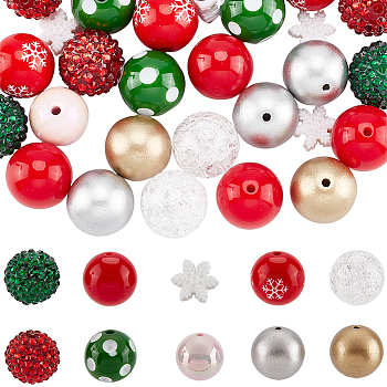 50Pcs 10 Style Christmas Theme Acrylic Beads, with Resin Rhinestone, Round & Snowflake, Mixed Color, 14.5~20x13~20x6~20mm, Hole: 2~4mm, 5pcs/style