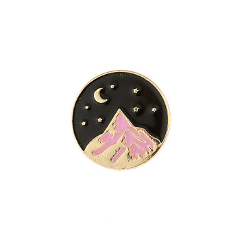 Alloy Enamel Pins, Brooch for Backpack Clothes, Flat Round with Mountain, Pink, 24mm