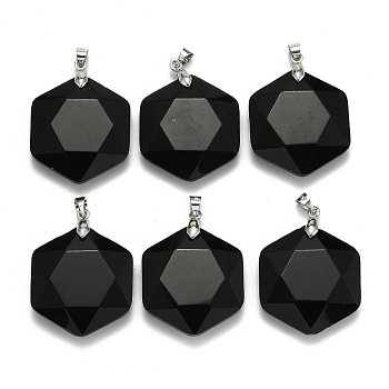 Natural Black Agate Pendants, with Platinum Tone Brass Findings, Faceted, Hexagon, 28x25x9mm, Hole: 4x5mm