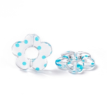Transparent Acrylic Beads, Flower with Polka Dot Pattern, Clear, Deep Sky Blue, 19x19.5x3.5mm, Hole: 1.6mm