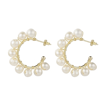 Natural Pearl Beaded Stud Earrings, Brass Wire Wrap Half Hoop Earrings for Women, Light Gold, 32.5x33x6.5mm, Pin: 0.6mm