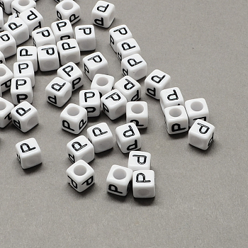 Large Hole Acrylic Letter European Beads, Horizontal Hole, White & Black, Cube with Letter.P, 7~8x7~8x7~8mm, Hole: 4mm, about 1144pcs/500g