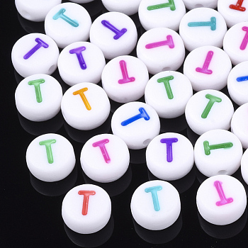 Initial Acrylic Beads, Horizontal Hole, Flat Round, Mixed Color, Letter.T, 7x3.5~4mm, Hole: 1.2mm, about 3700pcs/500g