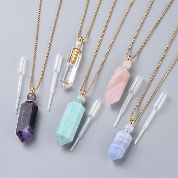 Natural Gemstone Perfume Bottle Pendant Necklaces, with Stainless Steel Box Chain and Plastic Dropper, Hexagonal Prism, Golden, 27.4 inch~27.5 inch(69.5~69.9cm), Bottle Capacity: 0.15~0.3ml(0.005~0.01 fl. oz)