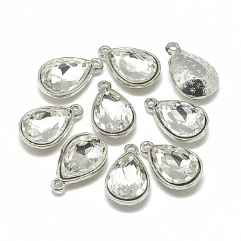 Alloy Glass Charms, Faceted, teardrop, Platinum, Clear, 14.5x9x5mm, Hole: 1.5mm